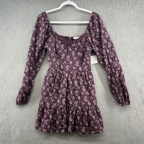 Altar’d State Floral Boho Cottagecore Mini Dress Purple Wine Long Sleeve Small - Picture 1 of 12